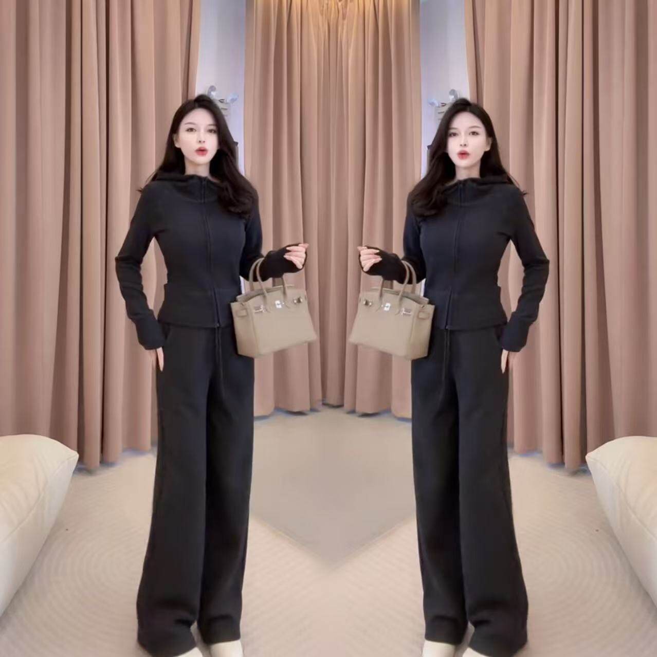 2025秋冬新款休闲运动套装女深灰色修身显瘦连帽卫衣阔腿裤两件套