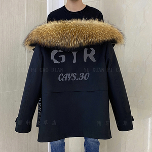 2023男款貂皮貂毛内胆派克服连帽可脱卸皮草外套秋冬季保暖派克服