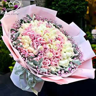 杭州鲜花速递同城99朵玫瑰花满天星混搭花束生日花店订花送花爱人