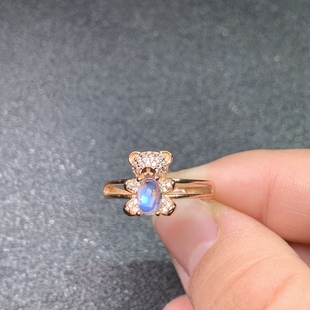特惠卡通可爱小熊戒指925银镀玫瑰金天然月光石戒指4*6Mm时尚女戒
