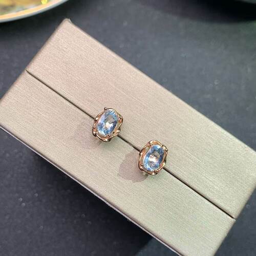 新款天然海蓝宝耳钉925银镀金镶嵌主石5*7MM花边设计