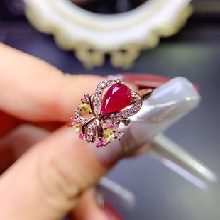 天然缅甸红宝石戒指925银镀玫瑰金 开口戒指 5*7MM