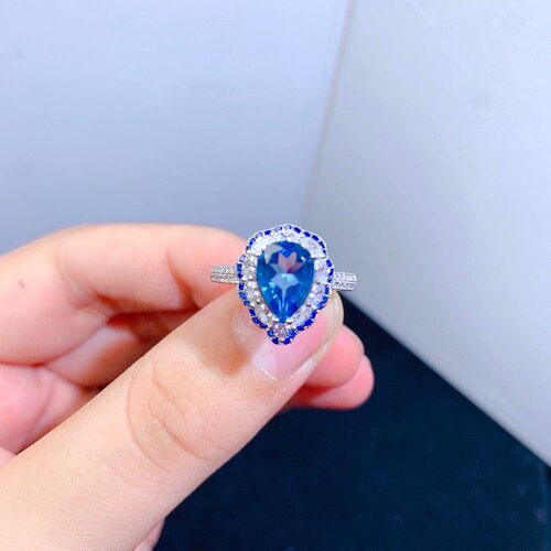 S925银镶天然瑞士蓝托帕石戒指 主石7*10水滴 特惠梨形托帕戒指