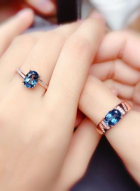 天然伦敦蓝托帕石情侣银情侣戒指