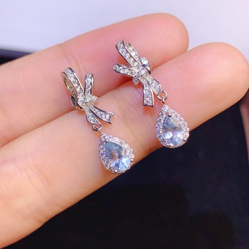 天然海蓝宝耳坠 4*6mm925银镀金蝴蝶结精致款耳坠