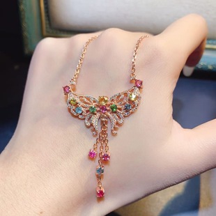 3MM蝴蝶项链 主石3 新款 天然糖果色碧玺锁骨链925银镀金镶嵌