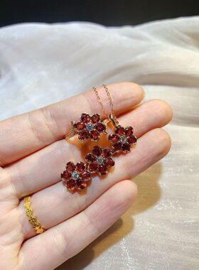 925银镀玫瑰金天然石榴石套装 主石3*4mm石榴石戒指 耳钉 吊坠