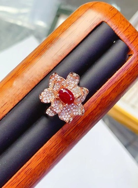天然缅甸红宝石戒指925银镀金镶嵌 主石5*7MM活口一克拉花朵戒指