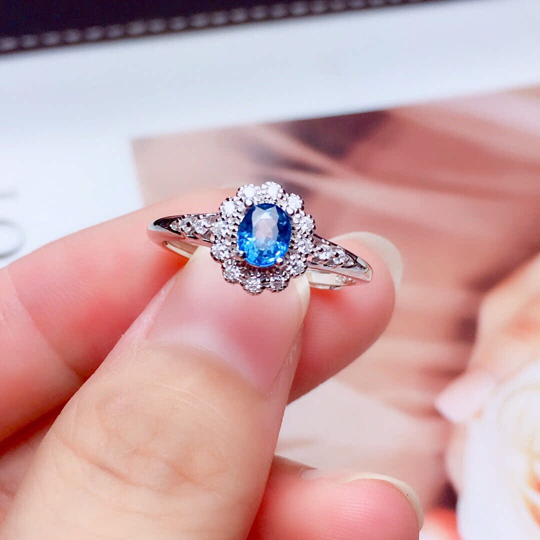 天然斯里兰卡蓝宝石戒指主石4*5mm925银镀白金玫瑰金支持检测