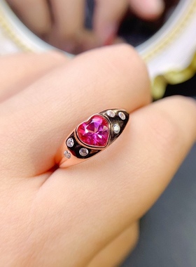 精美时尚爱心戒指925银镀金天然粉托帕戒指 心6*6MM开口戒指