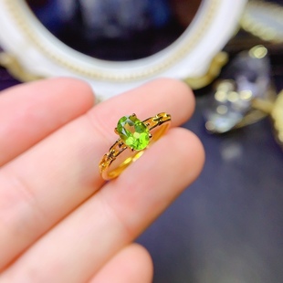 7mm开口戒指925银镀金镶嵌 主石5 天然橄榄石戒指 满火彩