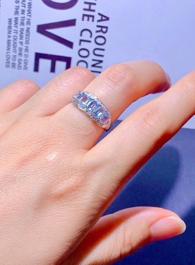 s925银镶天然海蓝宝排戒主石方3*4MM特惠简约精致公主方排戒