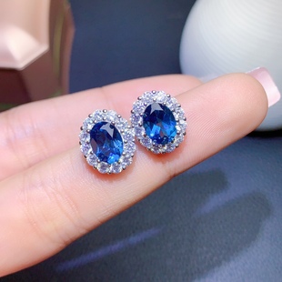 S925银镶天然伦敦蓝托帕石耳钉 主石6*8MM特惠深邃优雅伦敦蓝耳钉