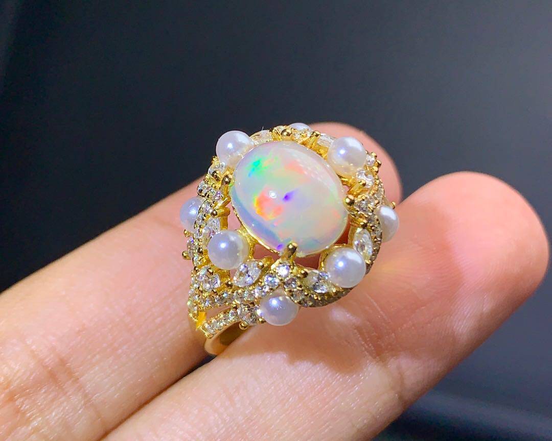 新款S925银镶嵌欧泊戒指 主石8*10特惠轻奢欧珀女戒 活口