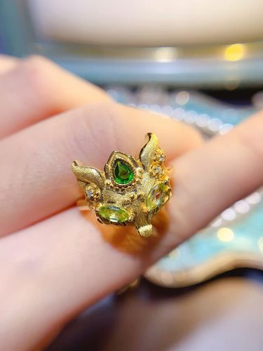 新款天然透辉石橄榄石戒指925银镀金镶嵌戒指3*4 2.5*5MM卡通戒指