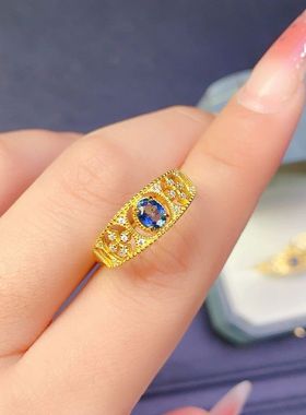 天然蓝宝石戒指 金镶成色 高净度 主石4*5mm925银镀黄金四爪