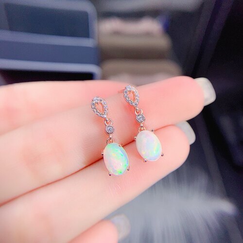天然炫彩欧泊耳坠925银镀18K金 石6*8mm 特惠精致欧珀耳环