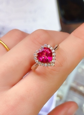 新款天然粉托帕石戒指925银精工镶嵌 主石心8*8mm特惠爱心戒指