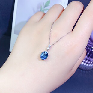 s925银镶天然伦敦蓝托帕石吊坠 主石尺寸7*9MM简约时尚 无项链