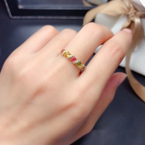精品天然糖果色碧玺戒指 高净度 石尺寸：3*3mm特惠精工5粒碧玺