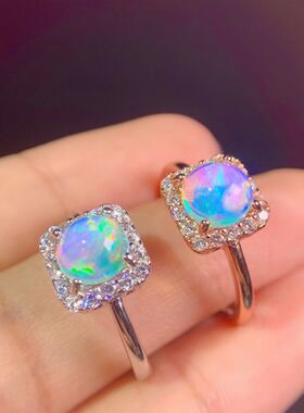 天然炫彩欧泊精工镶嵌开口戒指