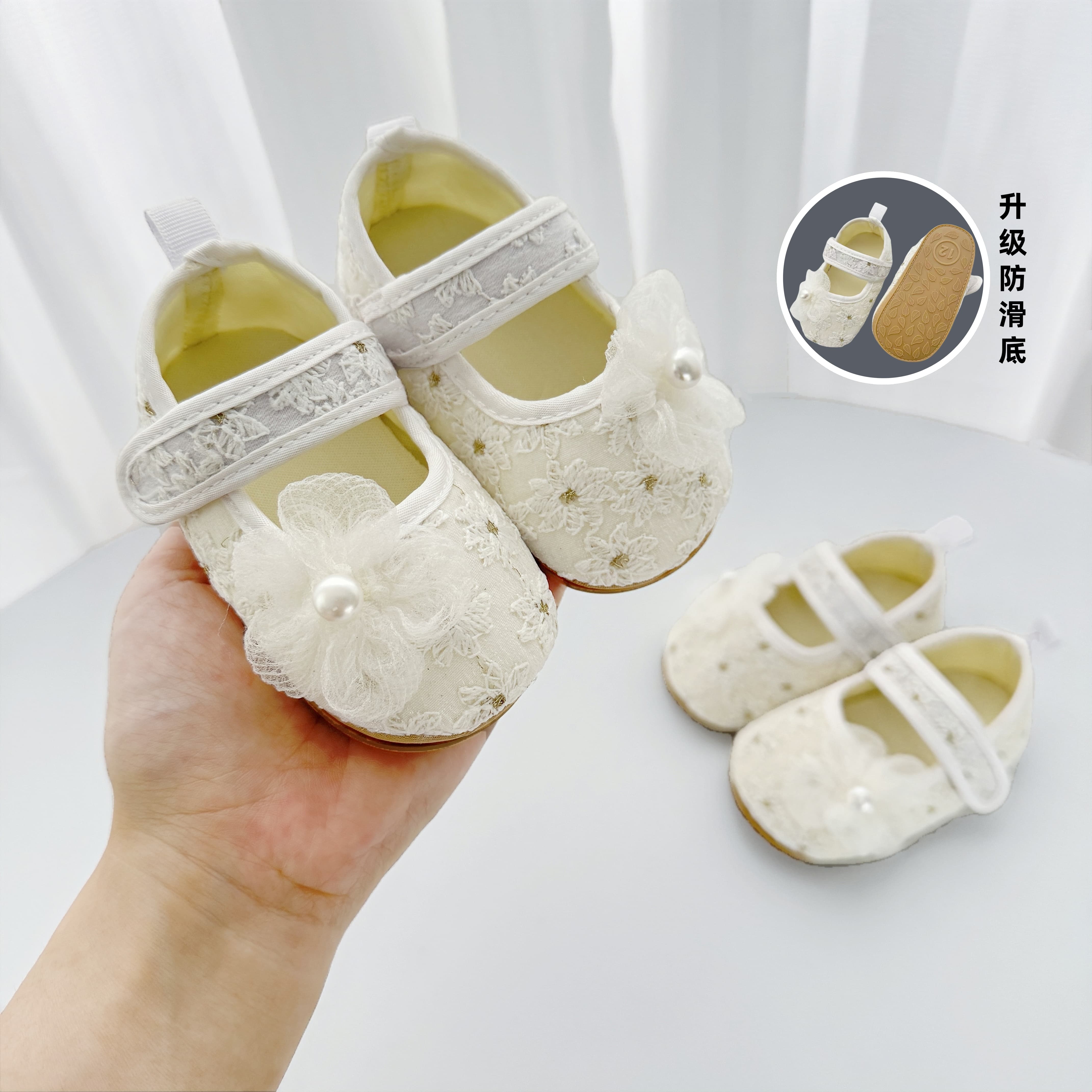 嬰兒鞋子夏季女寶寶珍珠花朵透氣