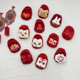 婴儿袜子春秋款中国风小月龄喜庆百天周岁浅口袜新生防滑透气短袜