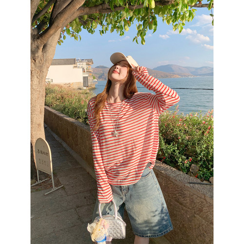 红色条纹防晒罩衫女夏季薄款t恤