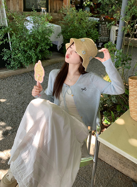 甜米周 防晒开衫女薄款夏季2026新款蓝色系带小外搭罩衫上衣