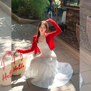 针织外套短款 汤圆不圆红色开衫 防晒罩衫 夏季 上衣 女配吊带2025新款