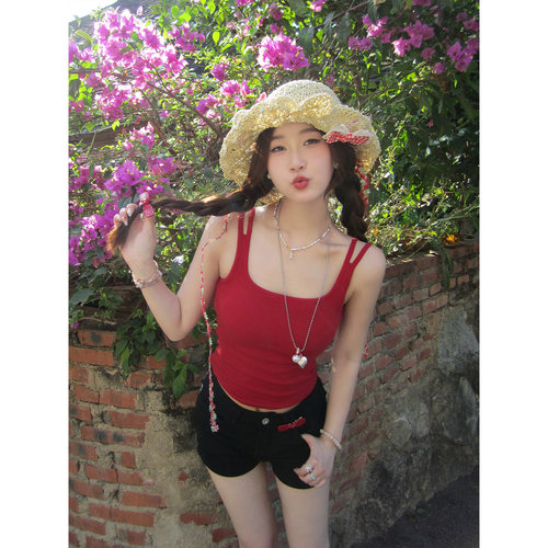 甜米周红色吊带背心女夏外穿上衣