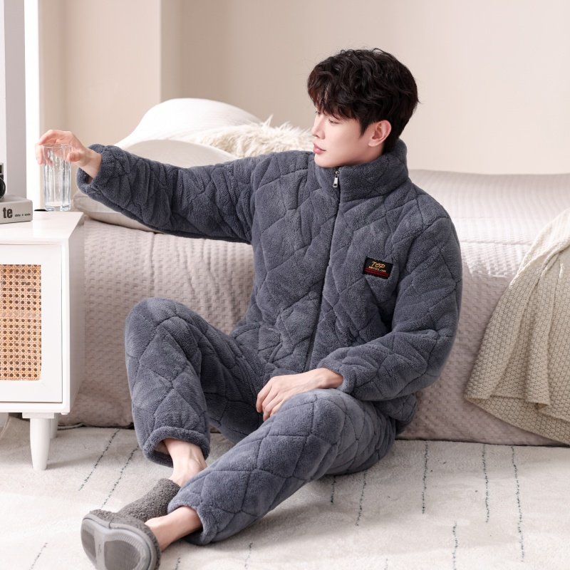 睡衣男冬季法兰绒三层夹棉袄秋冬款珊瑚绒保暖居服加厚加绒套装