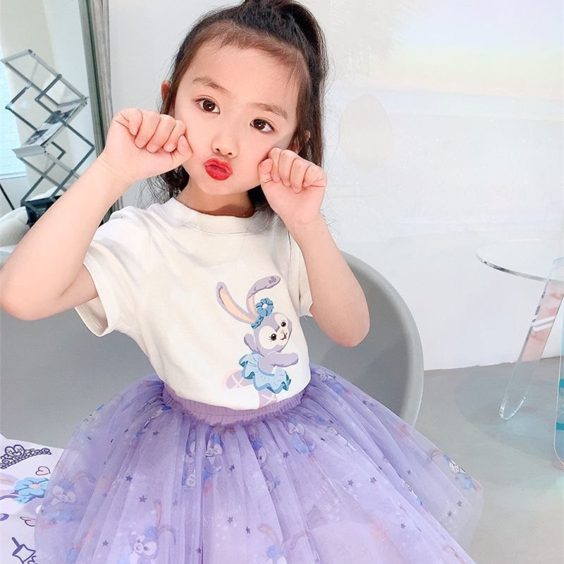 女童夏装2025新款套装5岁儿童时尚短袖洋气兔裙子T恤网纱裙两件套
