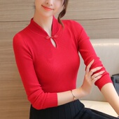 女装 弹力打底衫 针织衫 修身 纯色半高领旗袍领毛衣长袖 秋冬新款