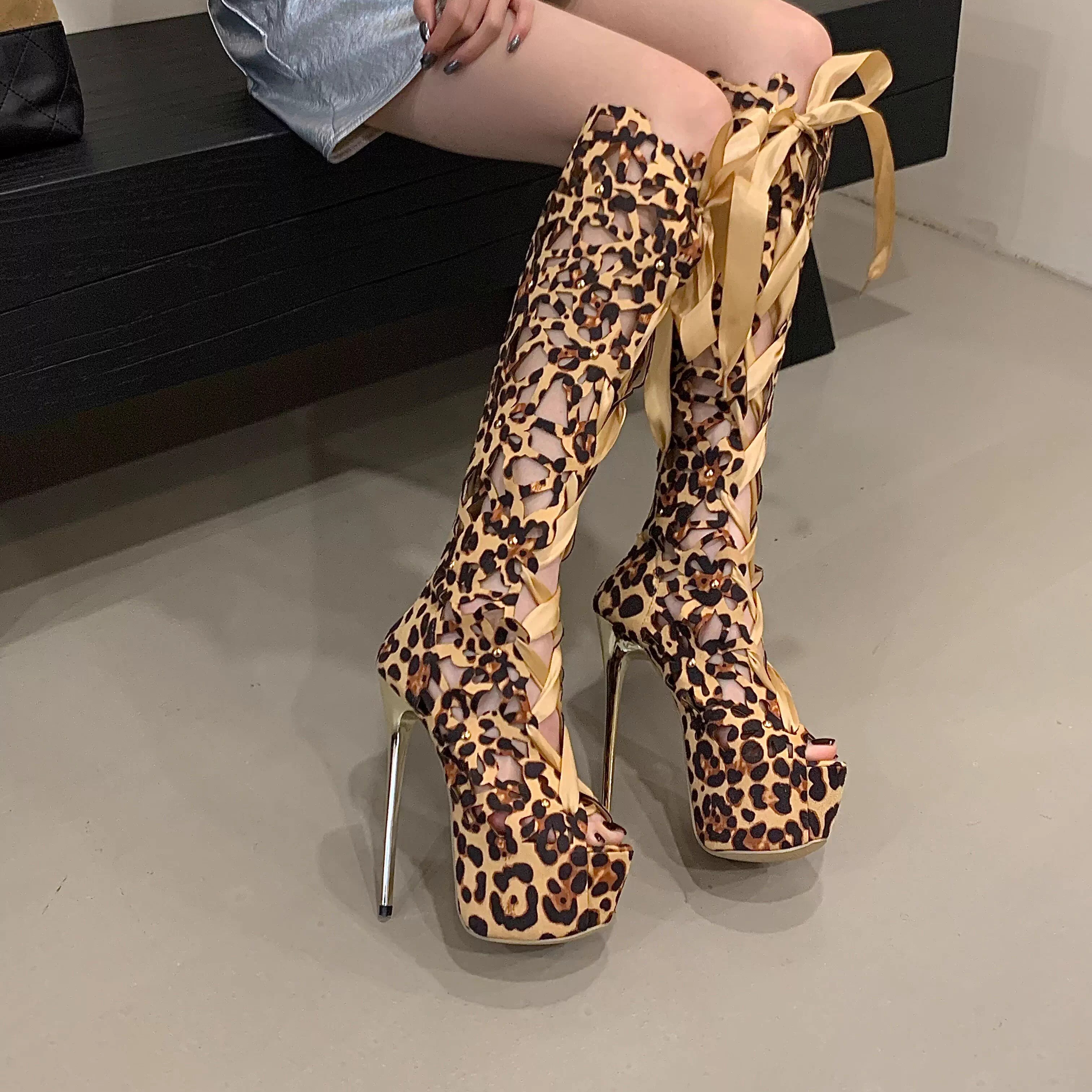 欧美时装T台秀超高跟性感豹纹水台绑带镂空凉靴女 Women Sandals