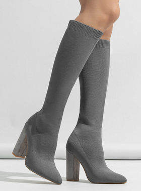 外贸女靴针织弹力粗跟高跟不过膝长筒高筒靴女Lazada Women Boots