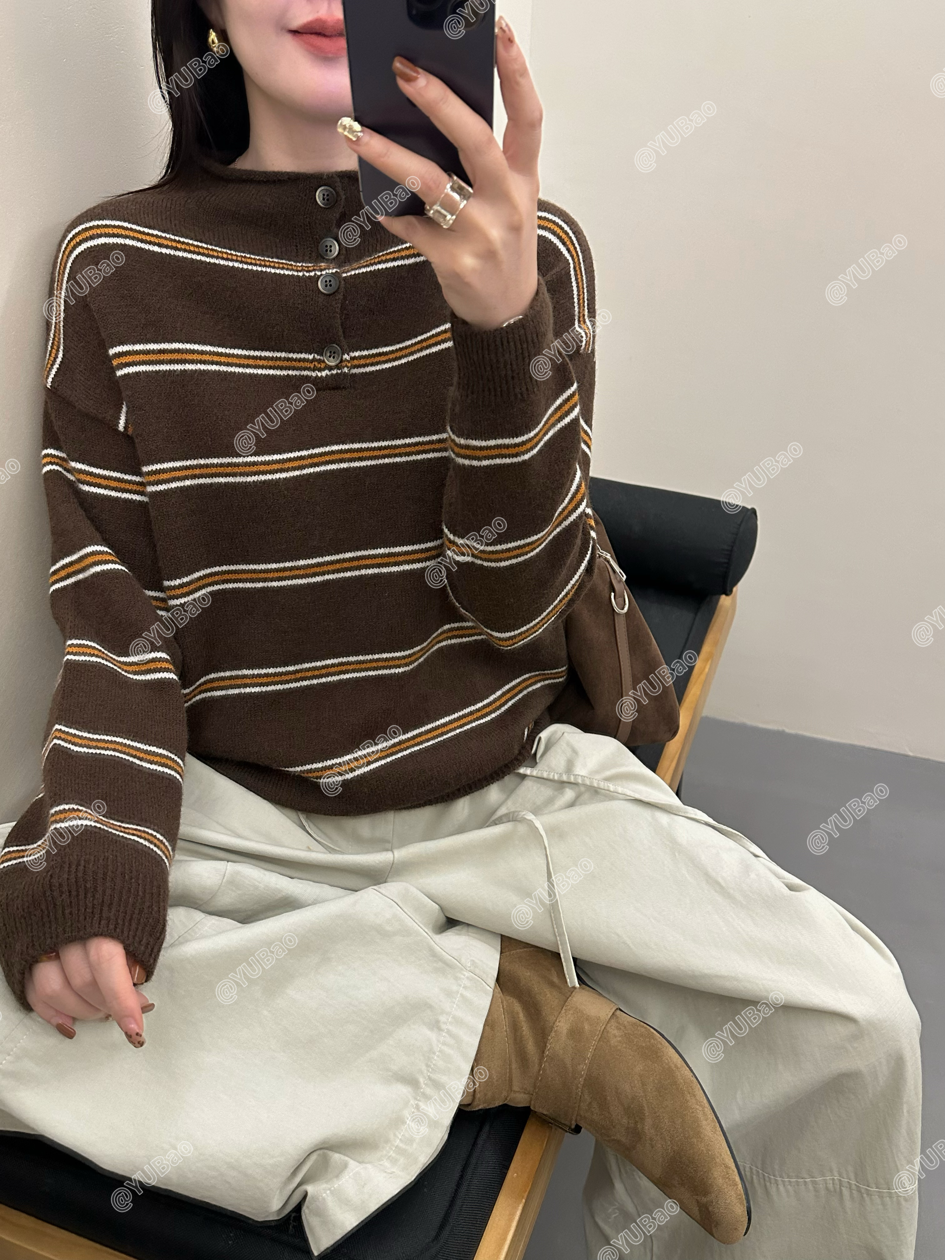 升级版小翻领寸领条纹新款女装长袖外穿宽松慵懒风秋冬针织衫女款