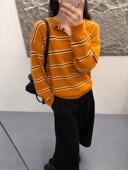 女宽松圆领套头打底外穿毛衣 毛针织衫 韩版 慵懒风条纹长袖