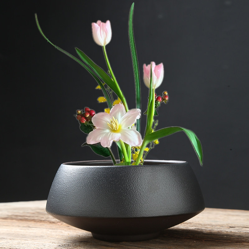 陶瓷圆盘水盘花器复古禅意中式日式插花器皿小原流剑山插花盆特大