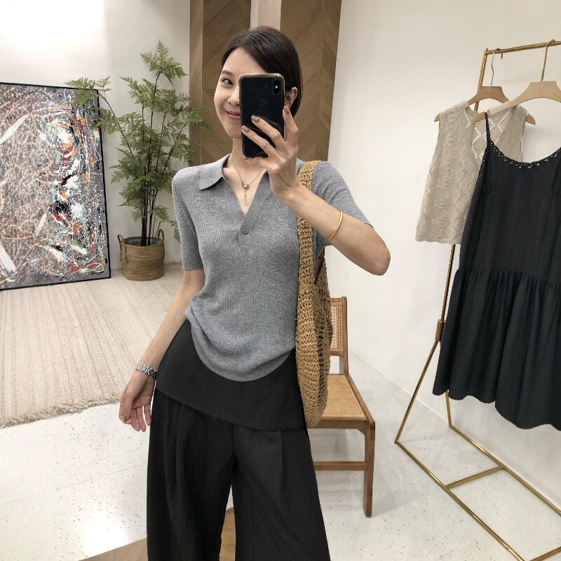 2026年高级感天丝遮肉简约系针织POLO领短袖T恤女莱赛尔凉爽上衣