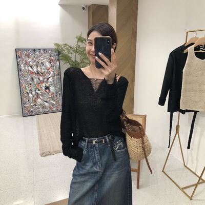 2026年春夏新款V领慵懒风宽松长袖针织衫女破洞镂空毛衣气质上衣