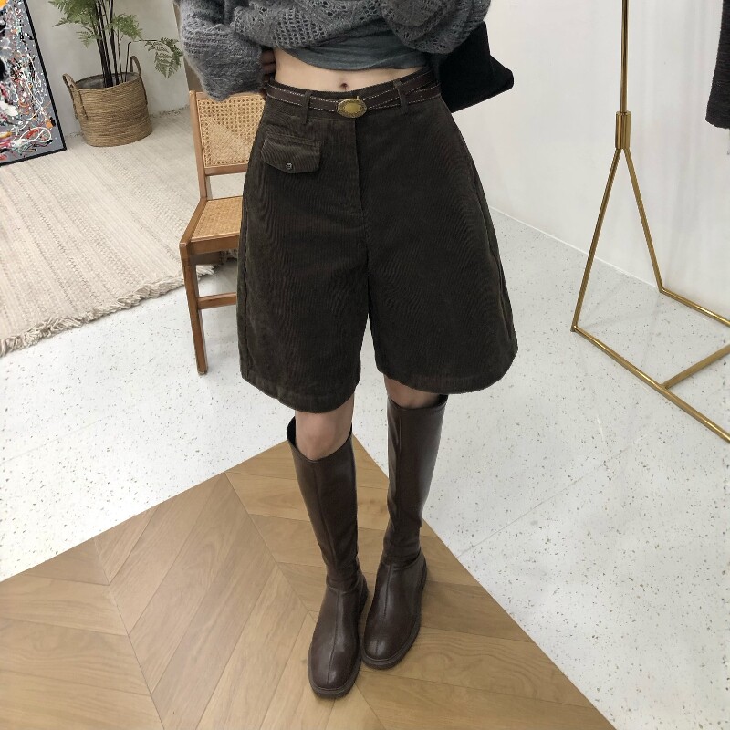 2026秋季新款灯芯绒阔腿五分裤女复古高腰松弛短裤配腰带休闲中裤