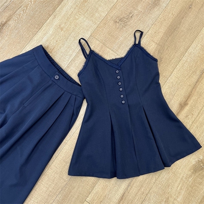 法式蕾丝拼接吊带阔腿裤两件套