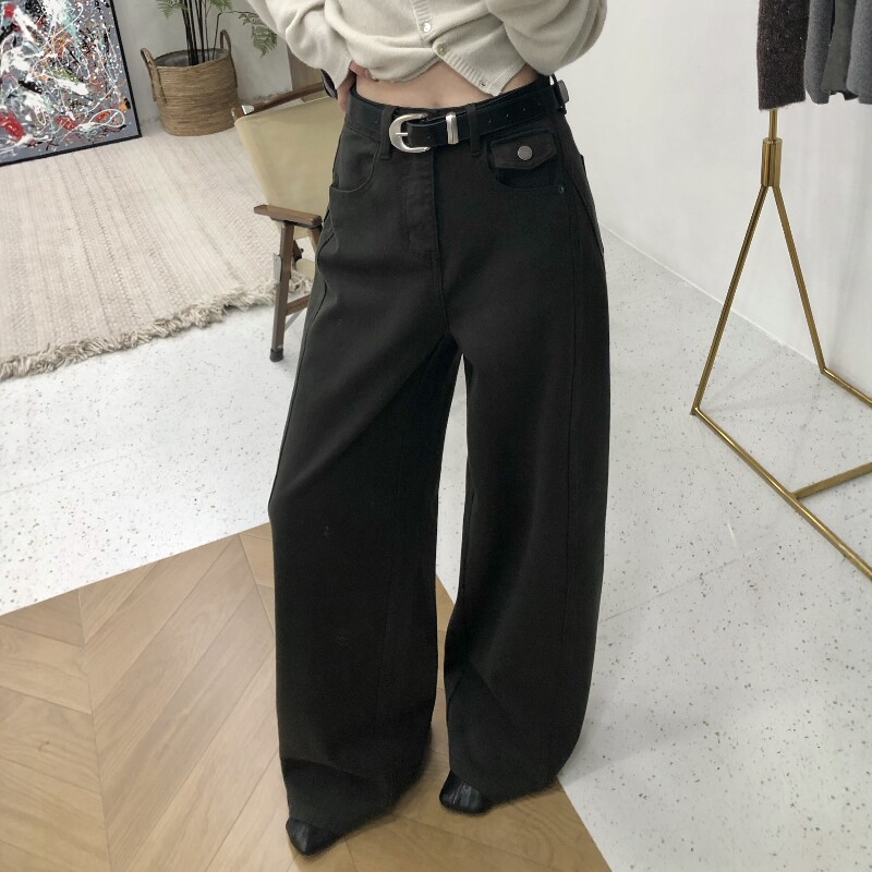 2026秋季灰绿色牛仔弯刀裤女版型超好高腰直筒阔腿裤子(配腰带)