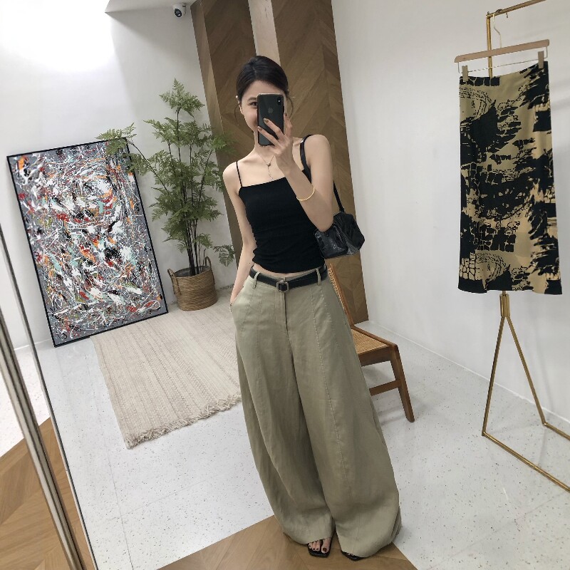 2026夏季亚麻韩系简约宽松阔腿长裤女时尚潮流弯刀香蕉裤（无腰带