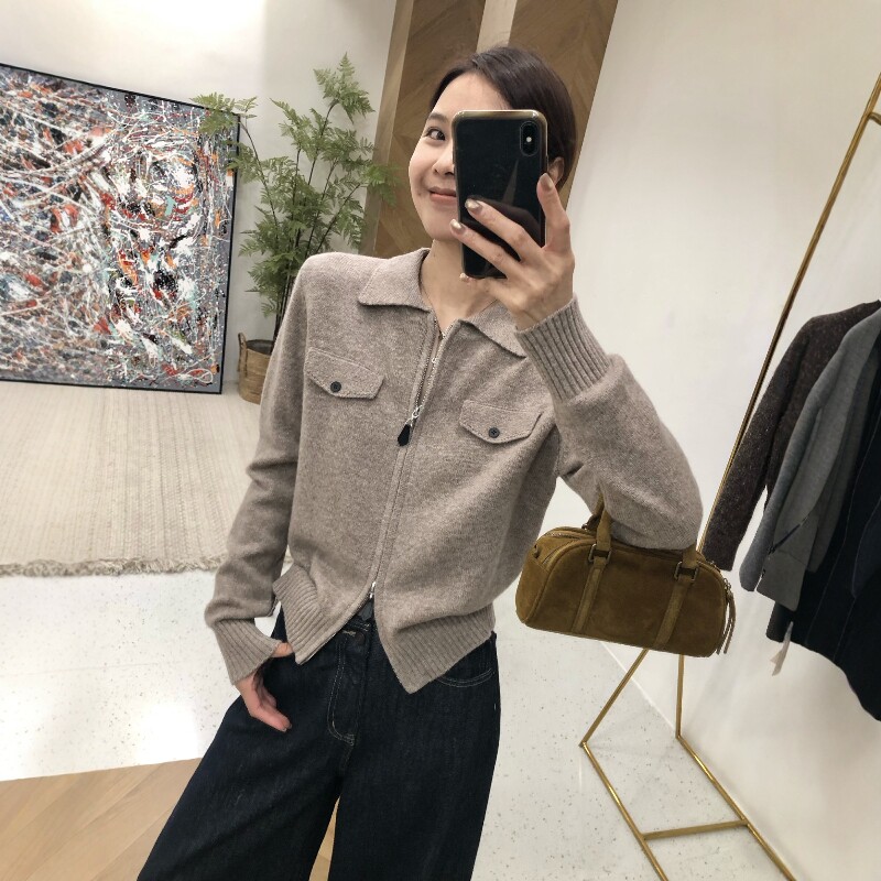 2026年羊毛双拉链POLO领针织开衫女秋冬简约慵懒时髦翻领毛衣外套