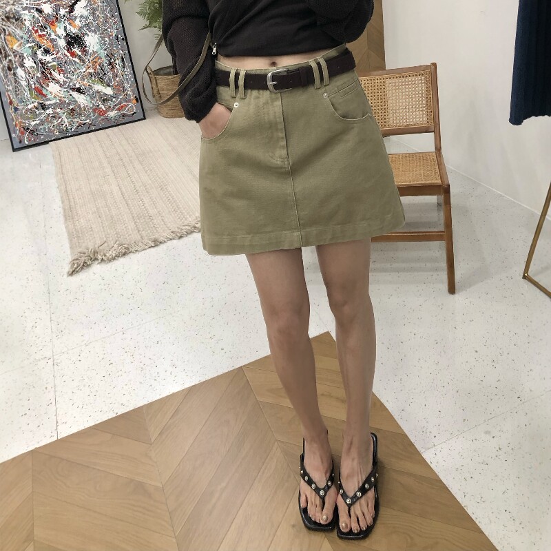 卡其色a字牛仔半身裙女秋配腰带小个子辣妹包臀短裙百搭显瘦裙子