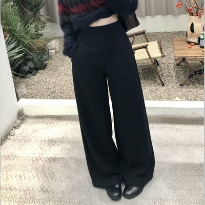 2025冬款垂感直筒羊绒糯米呢裤女秋冬窄版松紧腰加绒加厚阔腿裤子
