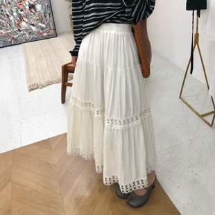 韩系春夏白色松紧腰高腰A字半身裙女蕾丝花边显瘦大摆蓬蓬中长裙