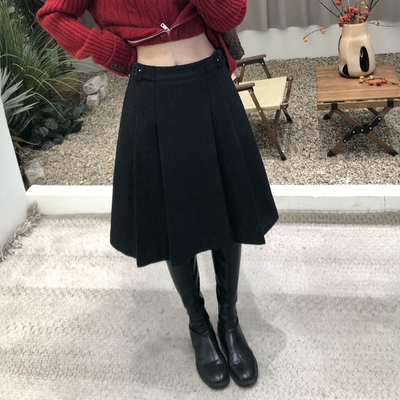 2025新款秋冬韩系羊毛呢半身裙百褶裙女小个子中长款加厚a字伞裙